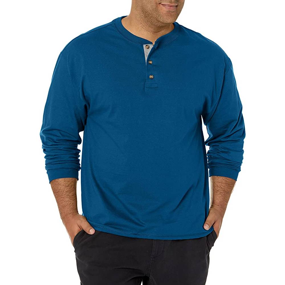 Hanes Men's T-Shirts, Men's BeefyT Henley Shirts, Men's Cotton Long Sleeve Shirts | Multiple Colors - PTE