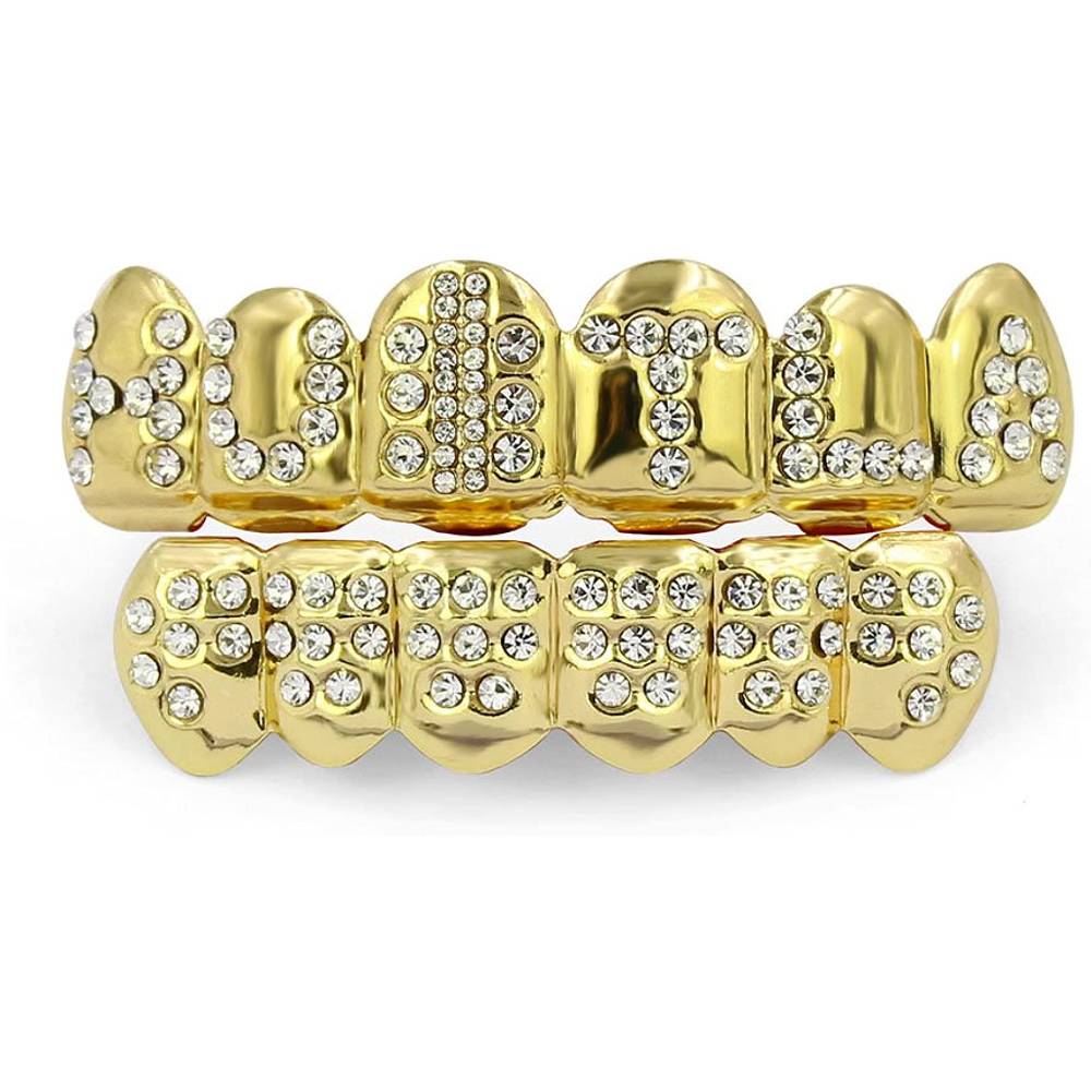 TOPGRILLZ 18K Plated Gold Grills Teeth Grillz for Men Women Iced Out Hip Hop Poker Diamond Top & Bottom Face Grills for Teeth Rapper Costume Cosplay | Multiple Colors - HU