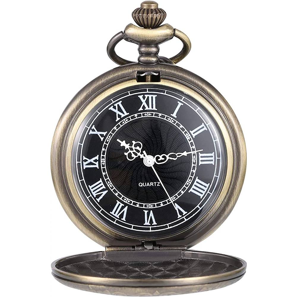 Hicarer Quartz Pocket Watch for Men with Black Dial and Chain Vintage Roman Numerals Christmas Gifts Birthday | Multiple Colors - BO
