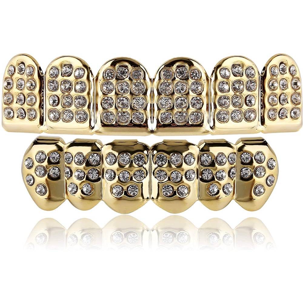 TOPGRILLZ 18K Plated Gold Grills Teeth Grillz for Men Women Iced Out Hip Hop Poker Diamond Top & Bottom Face Grills for Teeth Rapper Costume Cosplay | Multiple Colors - G6F