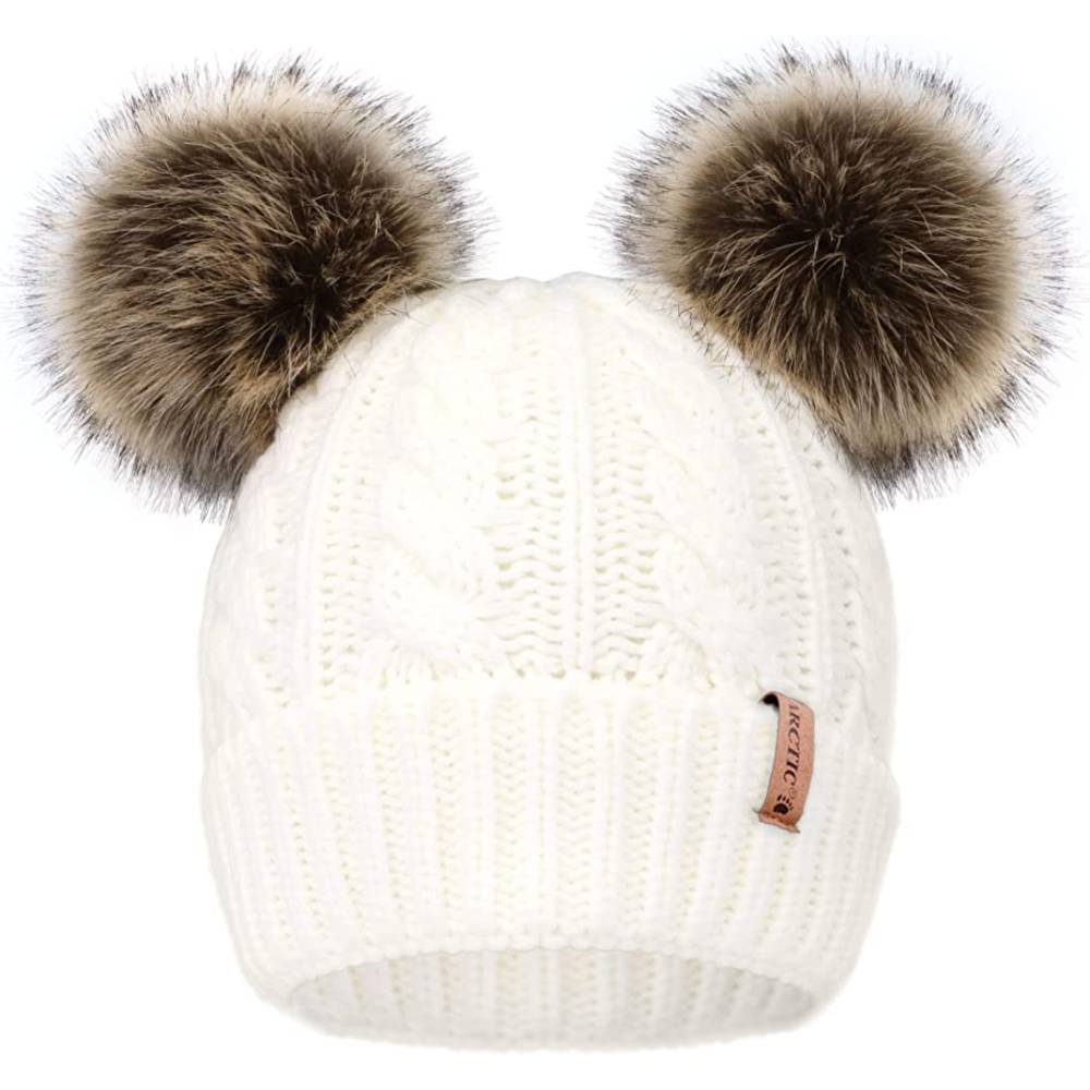 Arctic Paw Pom Pom Beanie Cable Knit Fleece Lined Winter Beanie Women Hat | Multiple Colors - WHT