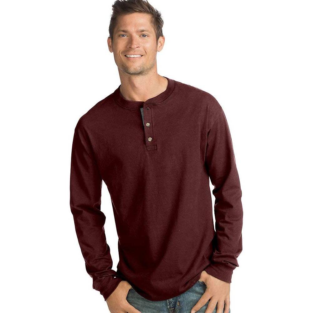 Hanes Men's T-Shirts, Men's BeefyT Henley Shirts, Men's Cotton Long Sleeve Shirts | Multiple Colors - MB