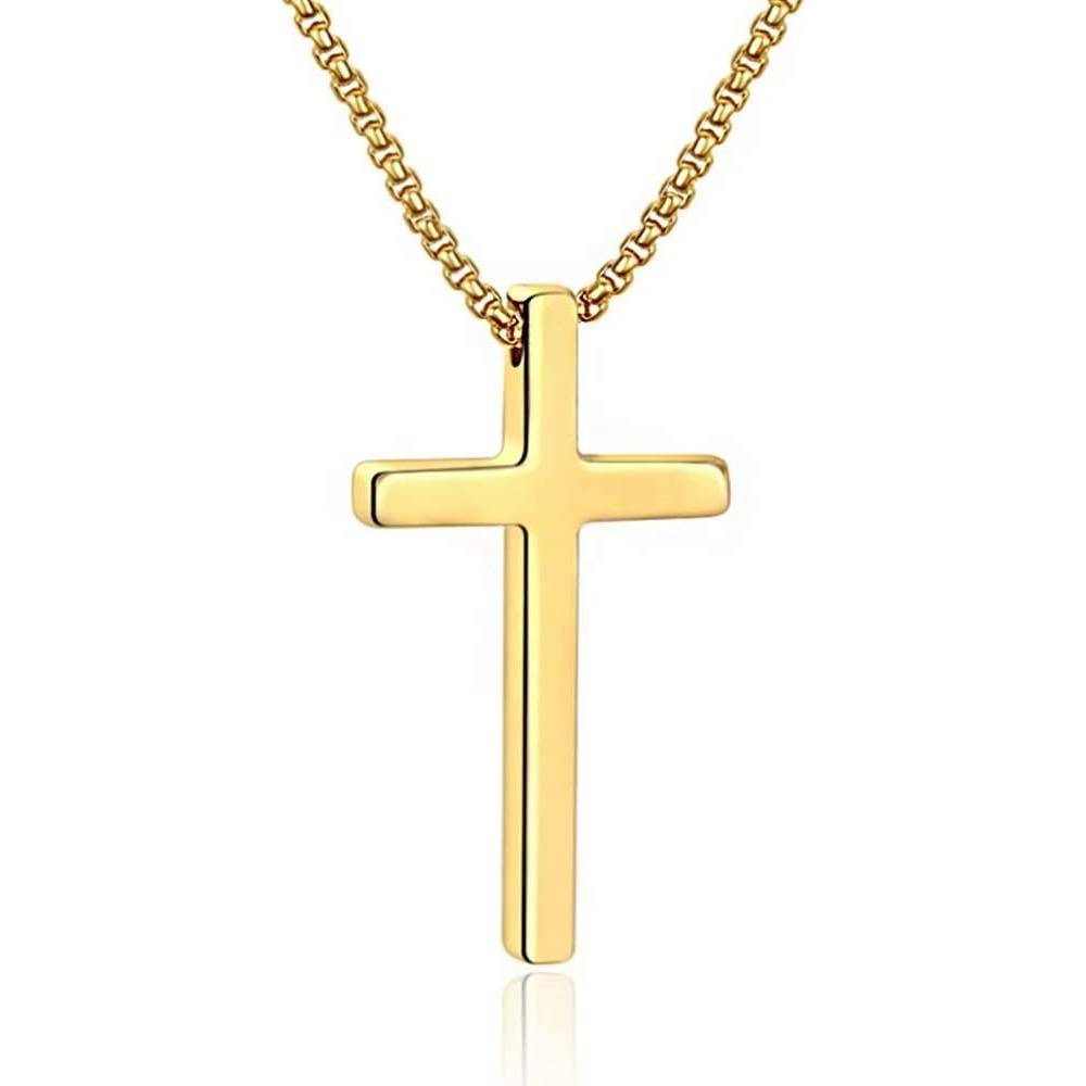 M MOOHAM Cross Necklace for Men, Silver Black Gold Stainless Steel Plain Cross Pendant Necklace for Men Box Chain 16-30 Inch | Multiple Colors and Sizes - GCP