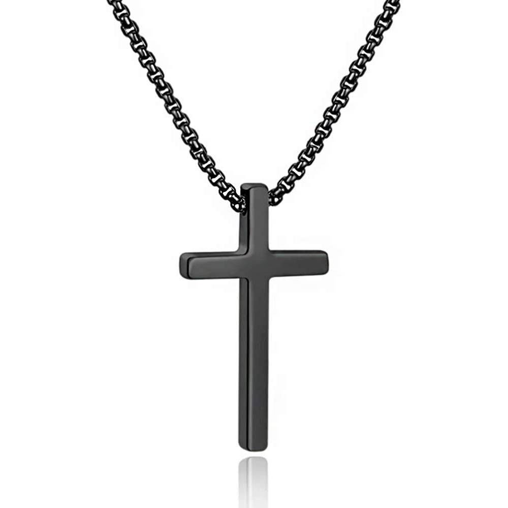 M MOOHAM Cross Necklace for Men, Silver Black Gold Stainless Steel Plain Cross Pendant Necklace for Men Box Chain 16-30 Inch | Multiple Colors and Sizes - BCP