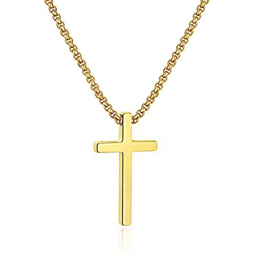 M MOOHAM Cross Necklace for Men, Silver Black Gold Stainless Steel Plain Cross Pendant Necklace for Men Box Chain 16-30 Inch | Multiple Colors and Sizes - GCP