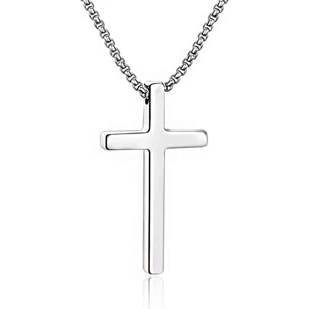 M MOOHAM Cross Necklace for Men, Silver Black Gold Stainless Steel Plain Cross Pendant Necklace for Men Box Chain 16-30 Inch | Multiple Colors and Sizes - SCP