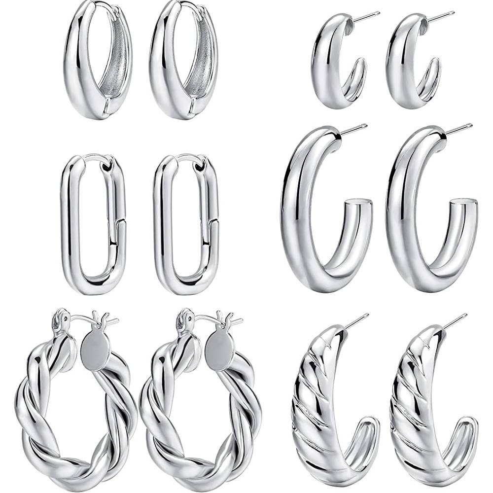 Gold Hoop Earrings Set for Women, 14K Gold Plated Lightweight Hypoallergenic Chunky Open Hoops Set for Gift | Multiple Colors and Sizes - S