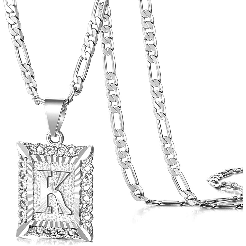KissYan Initial Letter Pendant Necklace for Men Womens, 18K Gold Plated Square Capital Monogram Necklace Alhpabets from A-Z Figaro Chain Necklace | Multiple Colors - SI