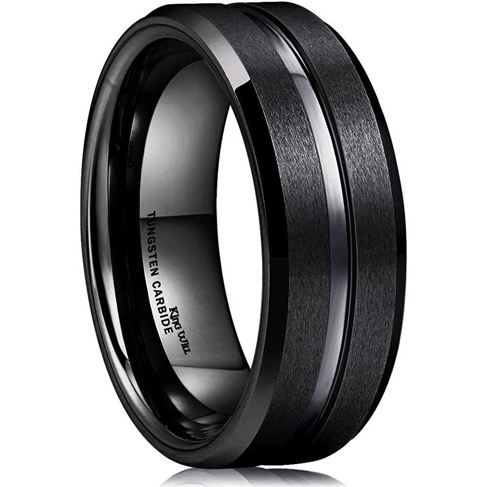 King Will Classic 8mm Tungsten Carbide Wedding Band Ring for Men Grooved Center Comfort Fit Black/Silver/Gold/Blue | Multiple Colors - BL