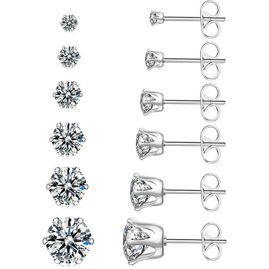 UHIBROS 6 Pairs Stainless Steel Stud Earrings Set Hypoallergenic Cubic Zirconia 14K White Gold 316L CZ Earrings | Multiple Colors and Sizes - AS