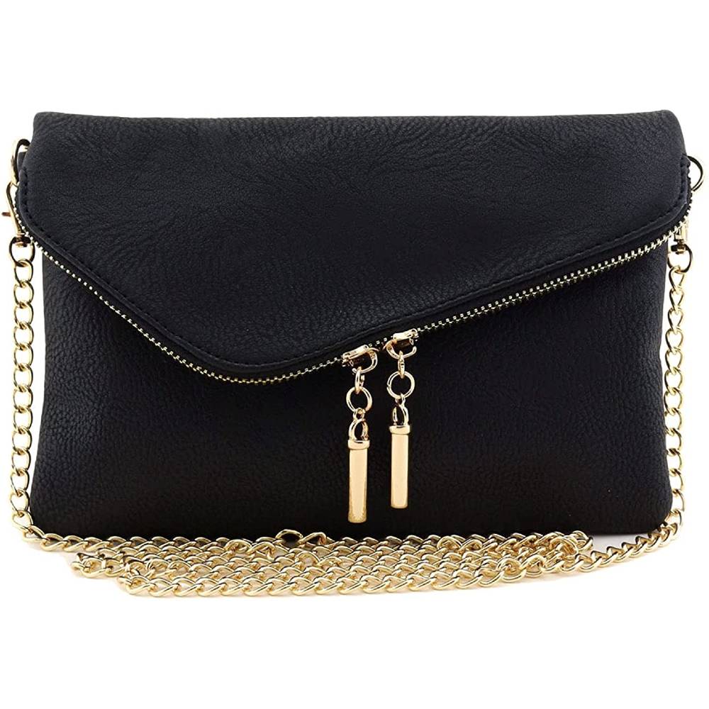 Envelope Wristlet Clutch Crossbody Bag with Chain Strap | Multiple Colors - Black