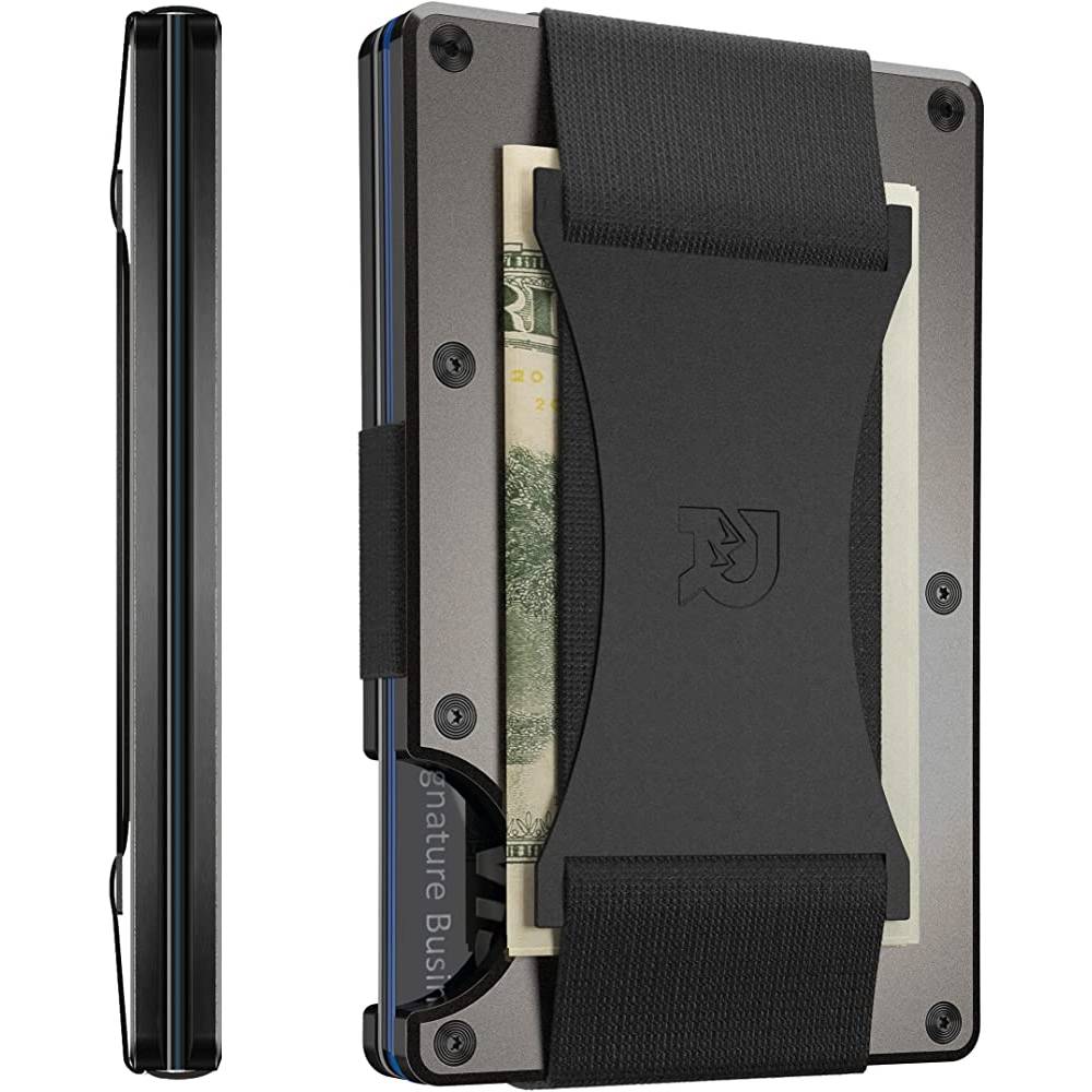 The Ridge Minimalist Slim Wallet For Men - RFID Blocking Front Pocket Credit Card Holder - Aluminum Metal Small Mens Wallets with Cash Strap (Black) | Multiple Colors - GU