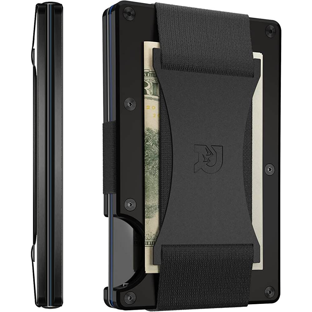 The Ridge Minimalist Slim Wallet For Men - RFID Blocking Front Pocket Credit Card Holder - Aluminum Metal Small Mens Wallets with Cash Strap (Black) | Multiple Colors - B