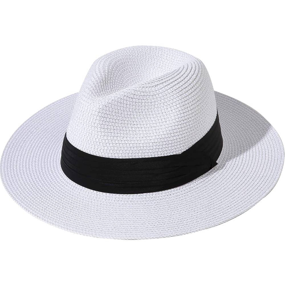 Lanzom Women Wide Brim Straw Panama Roll up Hat Belt Buckle Fedora Beach Sun Hat UPF50+ | Multiple Colors - FBEW