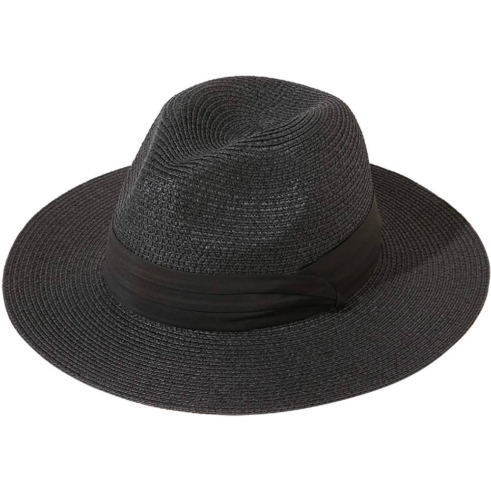 Lanzom Women Wide Brim Straw Panama Roll up Hat Belt Buckle Fedora Beach Sun Hat UPF50+ | Multiple Colors - FBEB