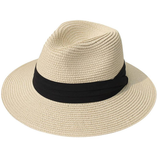 Lanzom Women Wide Brim Straw Panama Roll up Hat Belt Buckle Fedora Beach Sun Hat UPF50+ | Multiple Colors - FBK