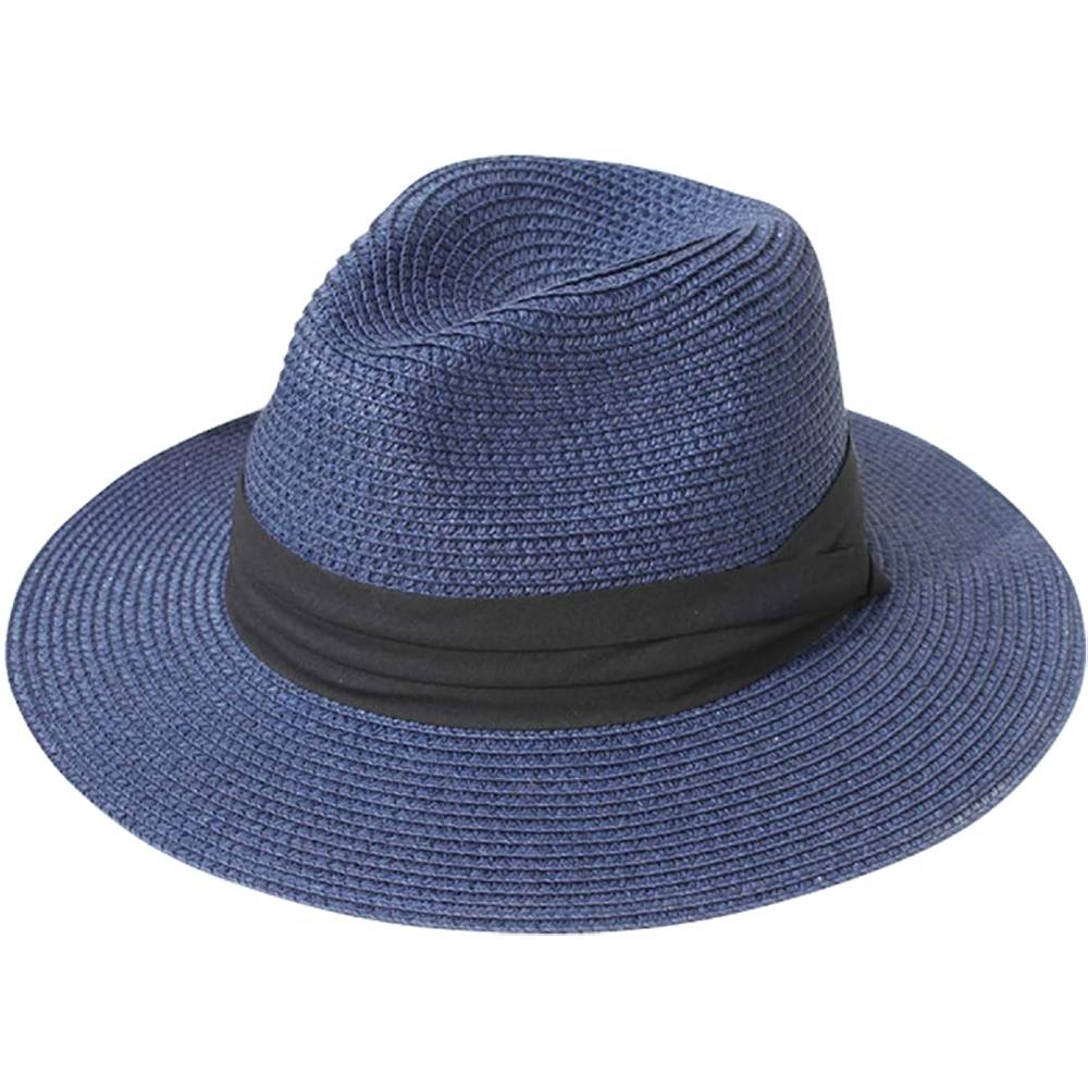 Lanzom Women Wide Brim Straw Panama Roll up Hat Belt Buckle Fedora Beach Sun Hat UPF50+ | Multiple Colors - BL