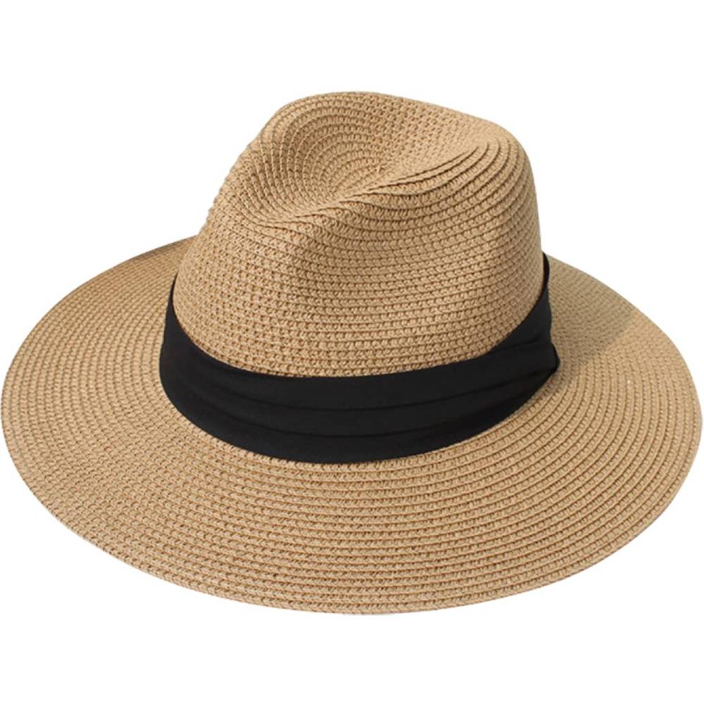 Lanzom Women Wide Brim Straw Panama Roll up Hat Belt Buckle Fedora Beach Sun Hat UPF50+ | Multiple Colors - ASBEBR
