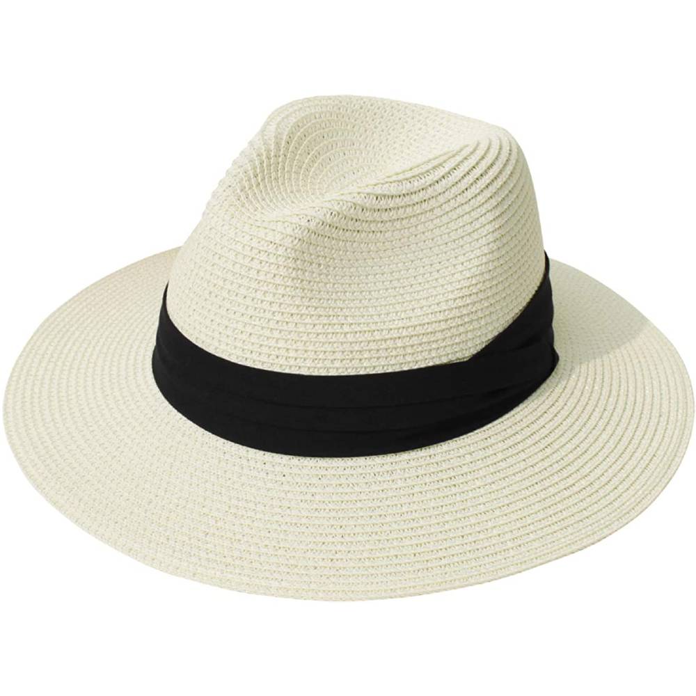 Lanzom Women Wide Brim Straw Panama Roll up Hat Belt Buckle Fedora Beach Sun Hat UPF50+ | Multiple Colors - FBB