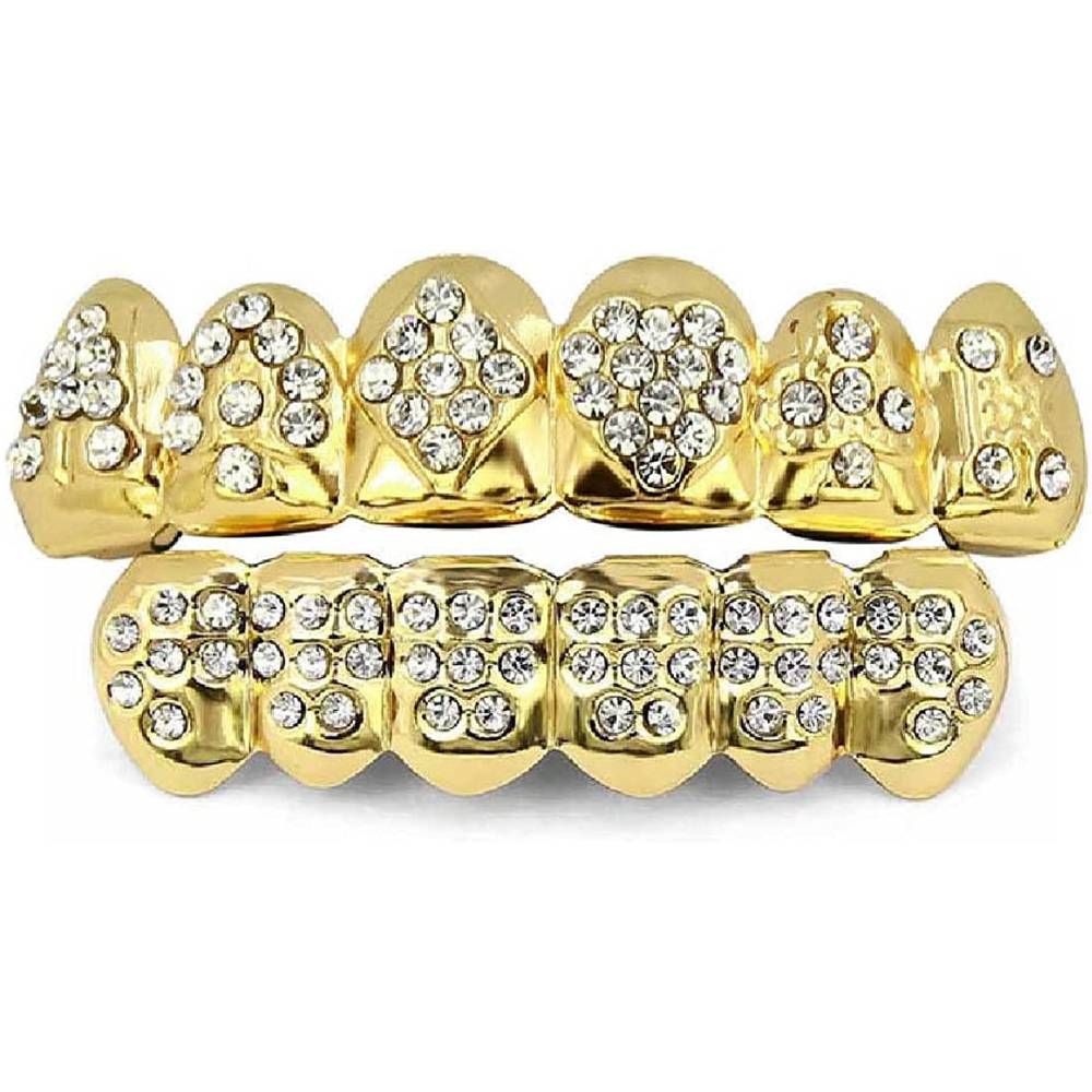 TOPGRILLZ 18K Plated Gold Grills Teeth Grillz for Men Women Iced Out Hip Hop Poker Diamond Top & Bottom Face Grills for Teeth Rapper Costume Cosplay | Multiple Colors - PO