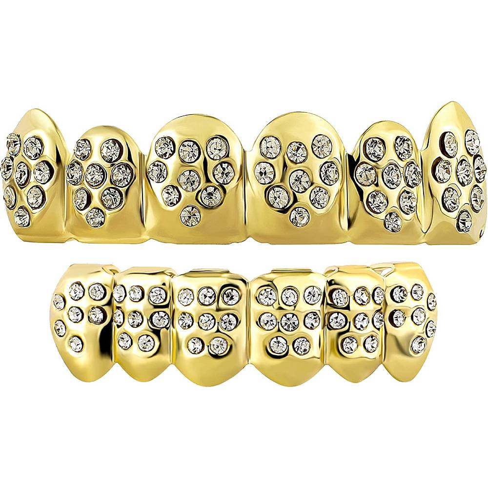 TOPGRILLZ 18K Plated Gold Grills Teeth Grillz for Men Women Iced Out Hip Hop Poker Diamond Top & Bottom Face Grills for Teeth Rapper Costume Cosplay | Multiple Colors - H