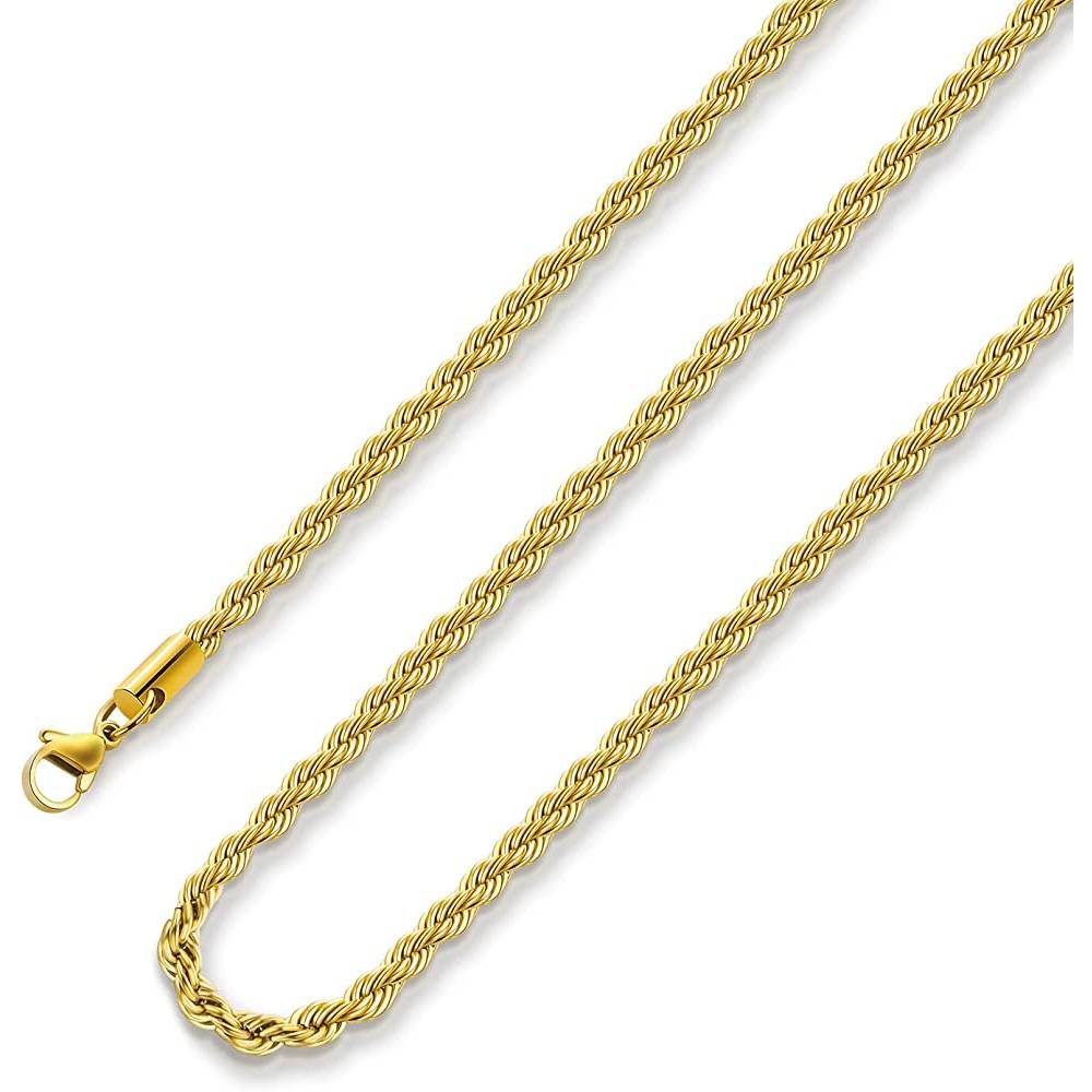 18k Real Gold Plated Rope Chain 2.5mm 5mm Stainless Steel Twist Chain Necklace for Men Women 16 Inches 36 Inches - 3MMW