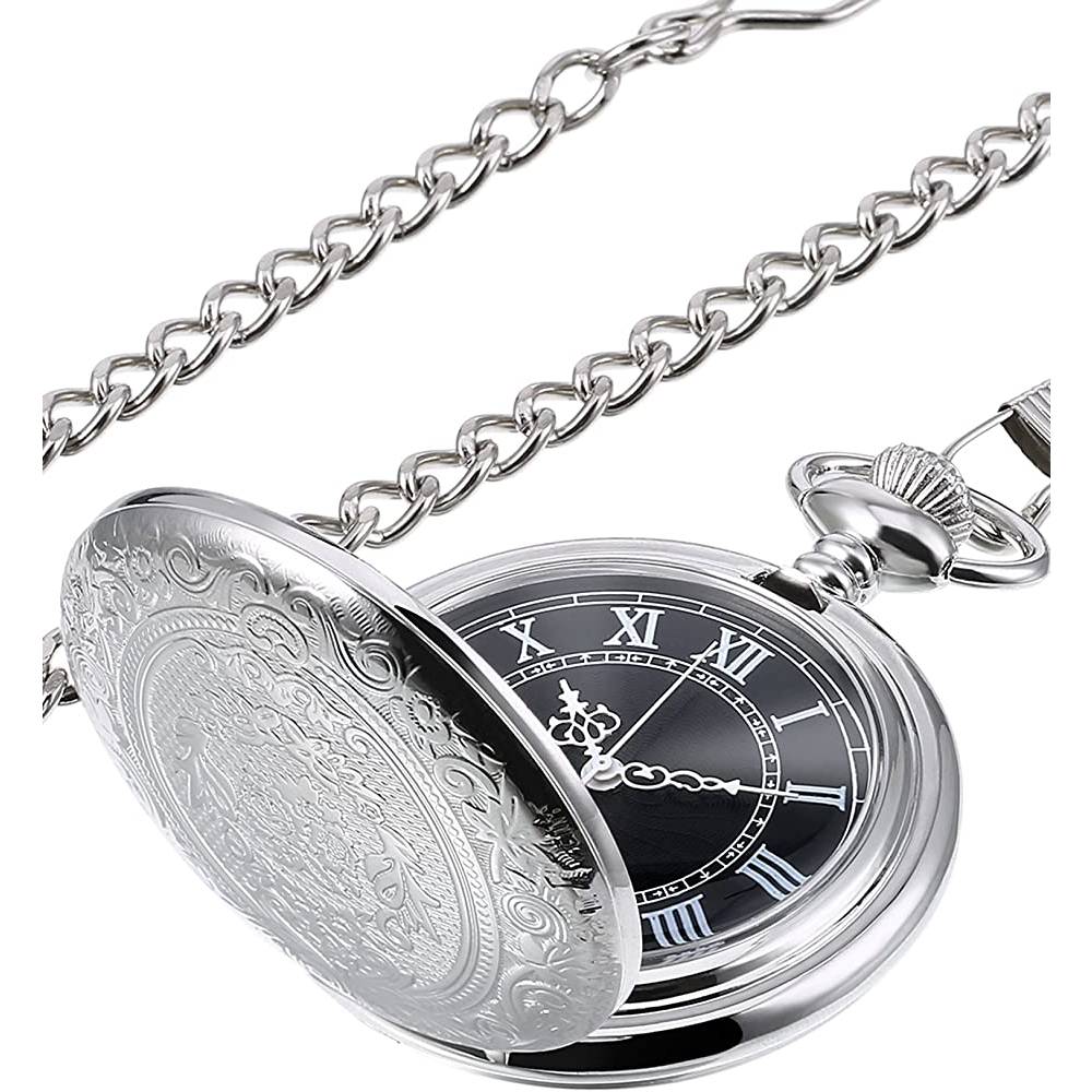 Hicarer Quartz Pocket Watch for Men with Black Dial and Chain Vintage Roman Numerals Christmas Gifts Birthday | Multiple Colors - SI