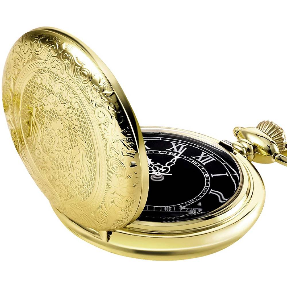 Hicarer Quartz Pocket Watch for Men with Black Dial and Chain Vintage Roman Numerals Christmas Gifts Birthday | Multiple Colors - G