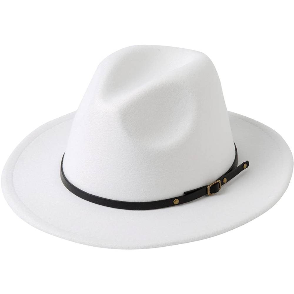 Lanzom Womens Classic Wide Brim Floppy Panama Hat Belt Buckle Wool Fedora Hat | Multiple Colors - WH