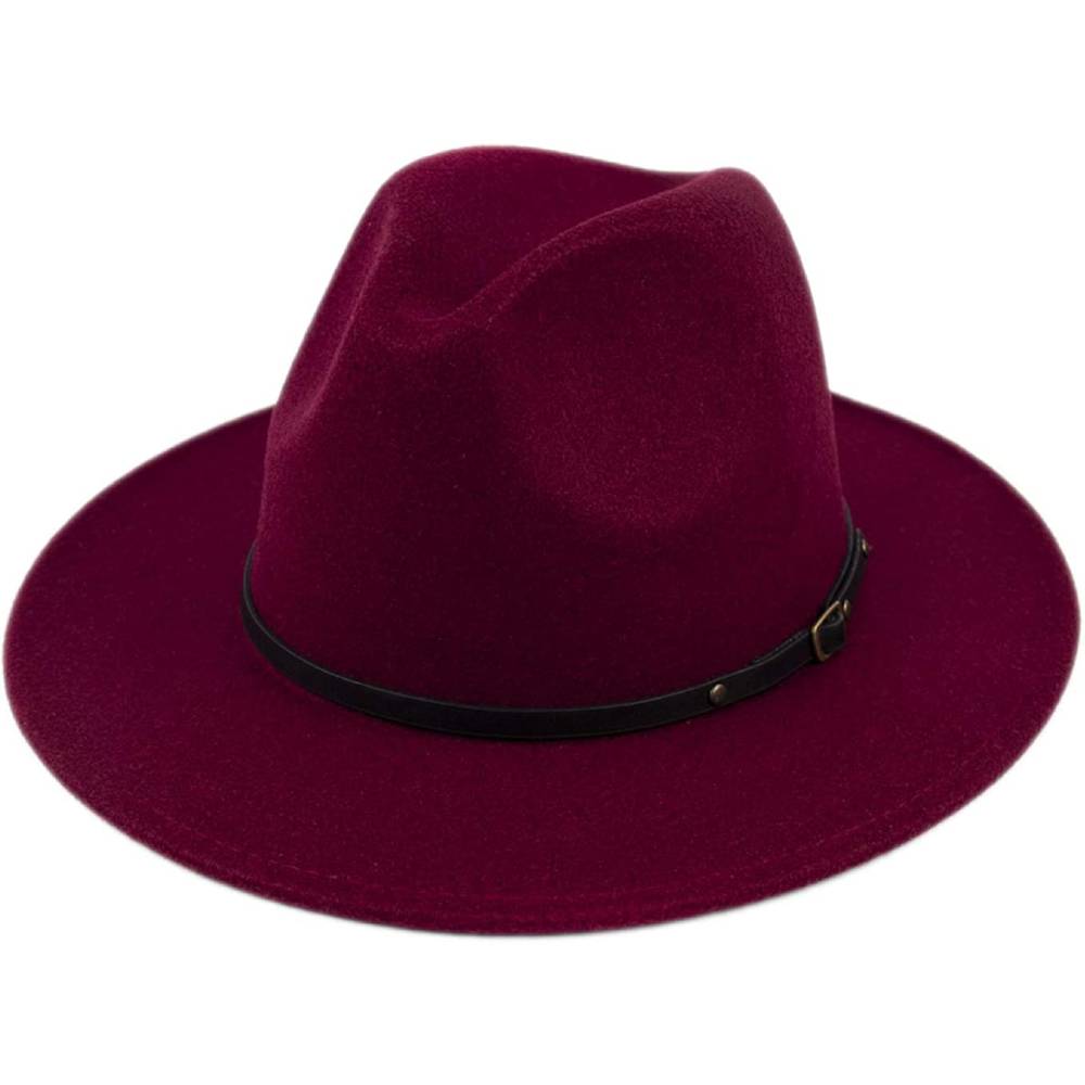 Lanzom Womens Classic Wide Brim Floppy Panama Hat Belt Buckle Wool Fedora Hat | Multiple Colors - WIR