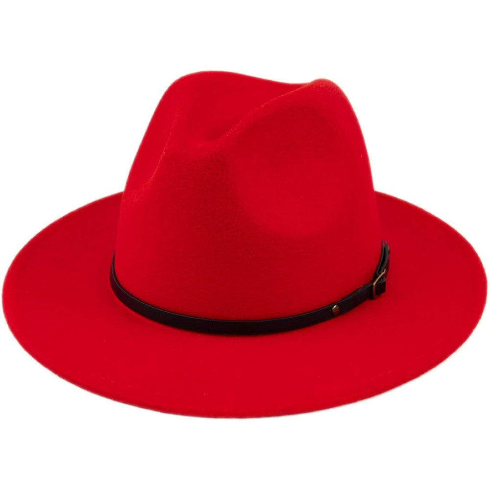 Lanzom Womens Classic Wide Brim Floppy Panama Hat Belt Buckle Wool Fedora Hat | Multiple Colors - Re