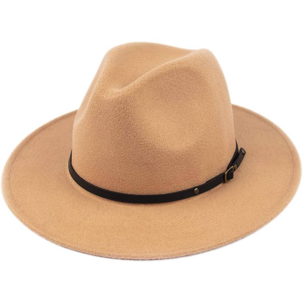 Lanzom Womens Classic Wide Brim Floppy Panama Hat Belt Buckle Wool Fedora Hat | Multiple Colors - CA