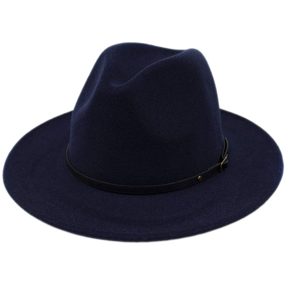 Lanzom Womens Classic Wide Brim Floppy Panama Hat Belt Buckle Wool Fedora Hat | Multiple Colors - MIGE