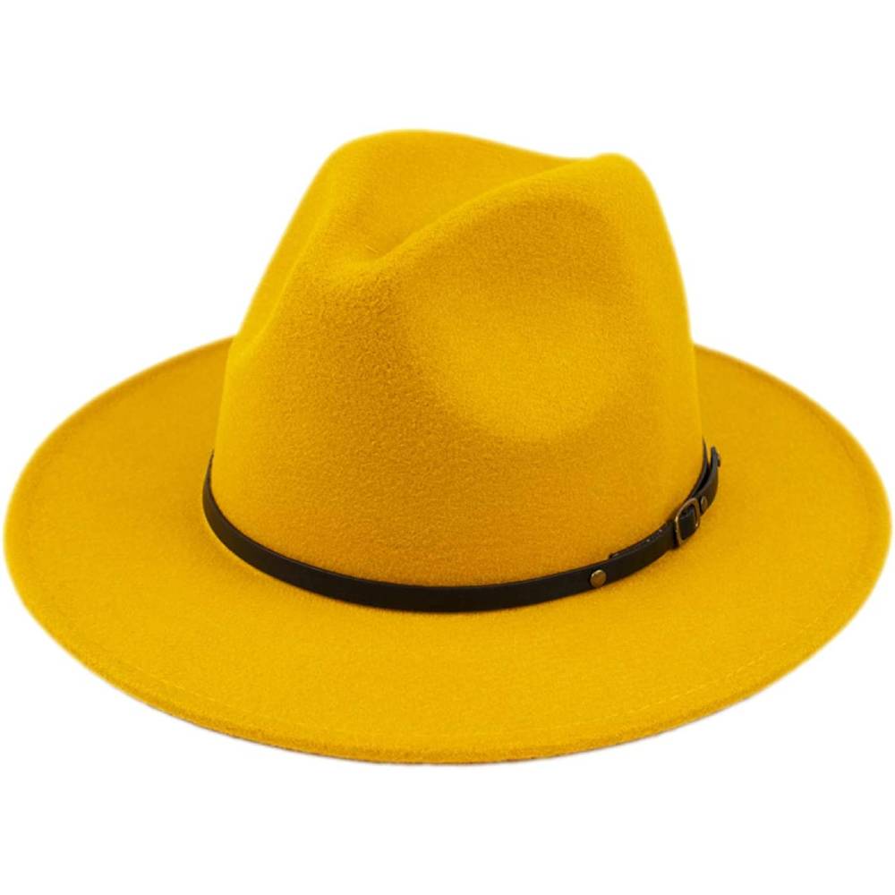 Lanzom Womens Classic Wide Brim Floppy Panama Hat Belt Buckle Wool Fedora Hat | Multiple Colors - YE