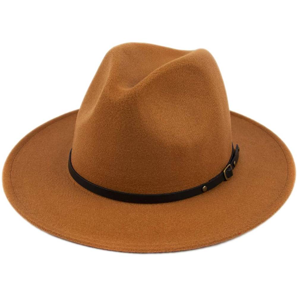 Lanzom Womens Classic Wide Brim Floppy Panama Hat Belt Buckle Wool Fedora Hat | Multiple Colors - KH
