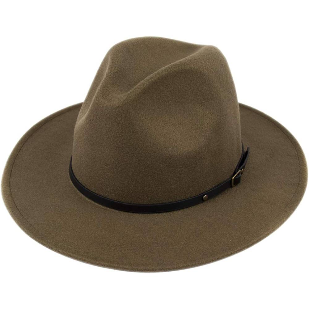 Lanzom Womens Classic Wide Brim Floppy Panama Hat Belt Buckle Wool Fedora Hat | Multiple Colors - NBL