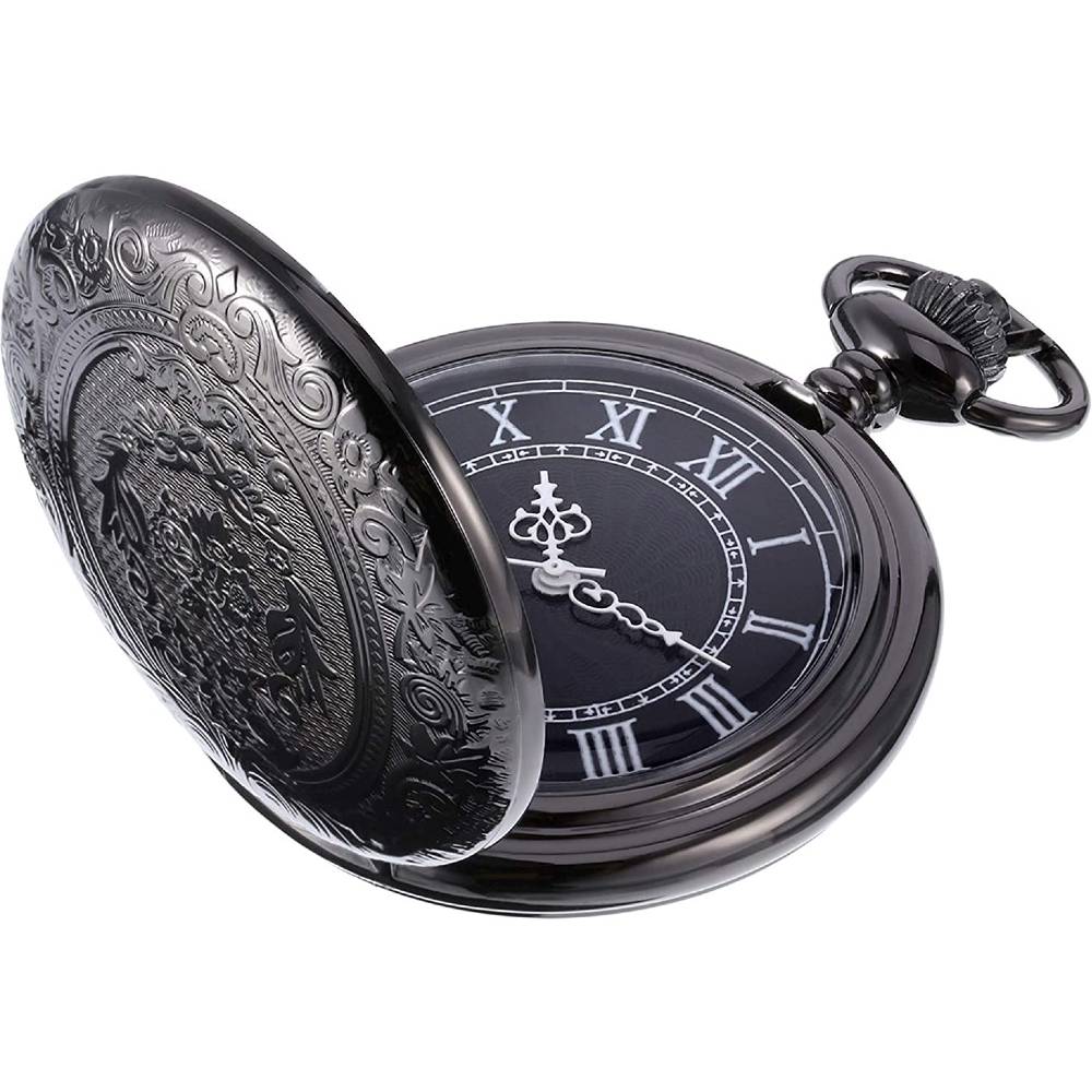 Hicarer Quartz Pocket Watch for Men with Black Dial and Chain Vintage Roman Numerals Christmas Gifts Birthday | Multiple Colors - B