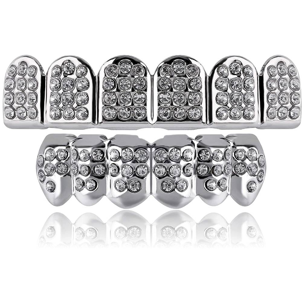 TOPGRILLZ 18K Plated Gold Grills Teeth Grillz for Men Women Iced Out Hip Hop Poker Diamond Top & Bottom Face Grills for Teeth Rapper Costume Cosplay | Multiple Colors - WHG