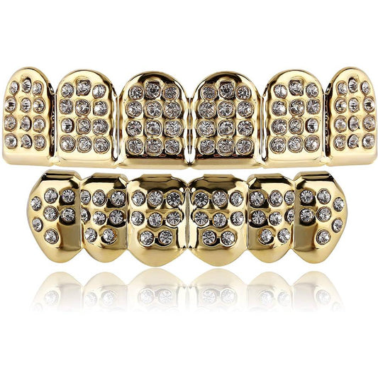 TOPGRILLZ 18K Plated Gold Grills Teeth Grillz for Men Women Iced Out Hip Hop Poker Diamond Top & Bottom Face Grills for Teeth Rapper Costume Cosplay | Multiple Colors - G6F