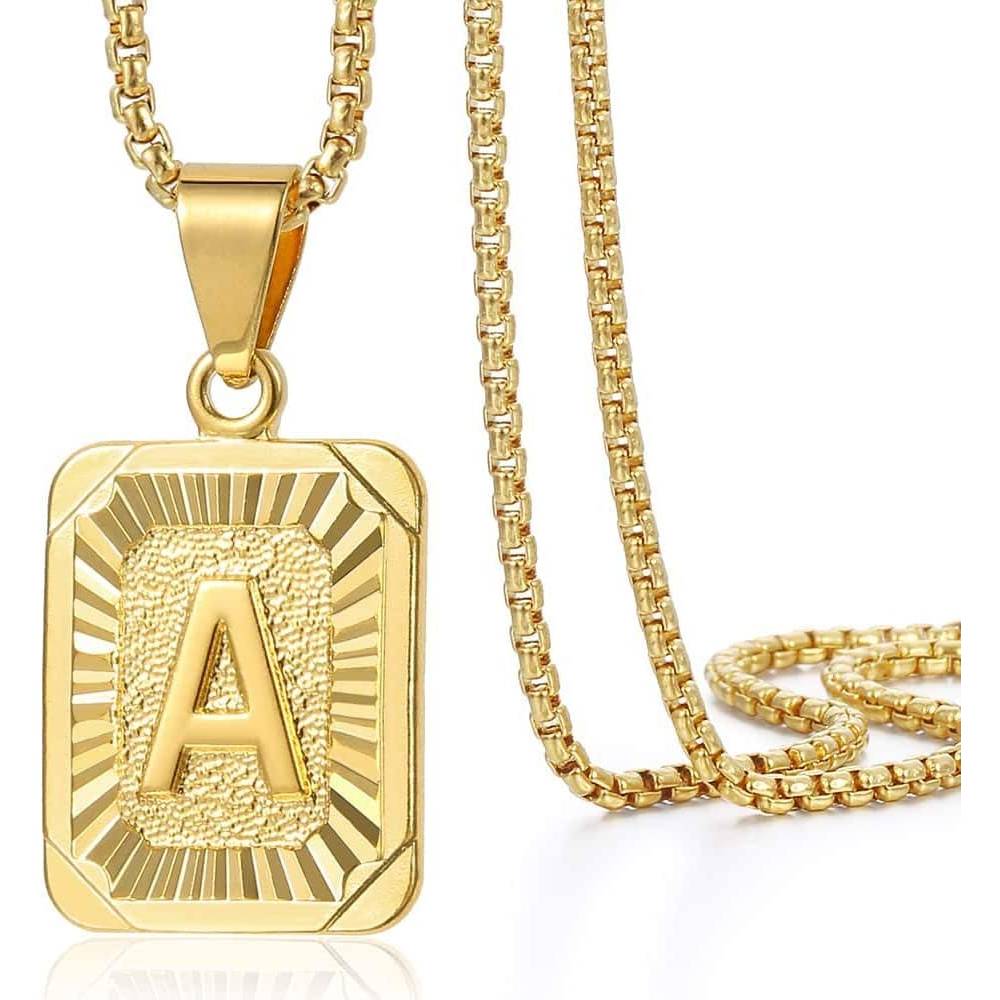 Trendsmax Initial A-Z Letter Pendant Necklace Mens Womens Capital Letter Yellow Gold Plated Stainless Steel Box Chain 22inch | Multiple Styles - A