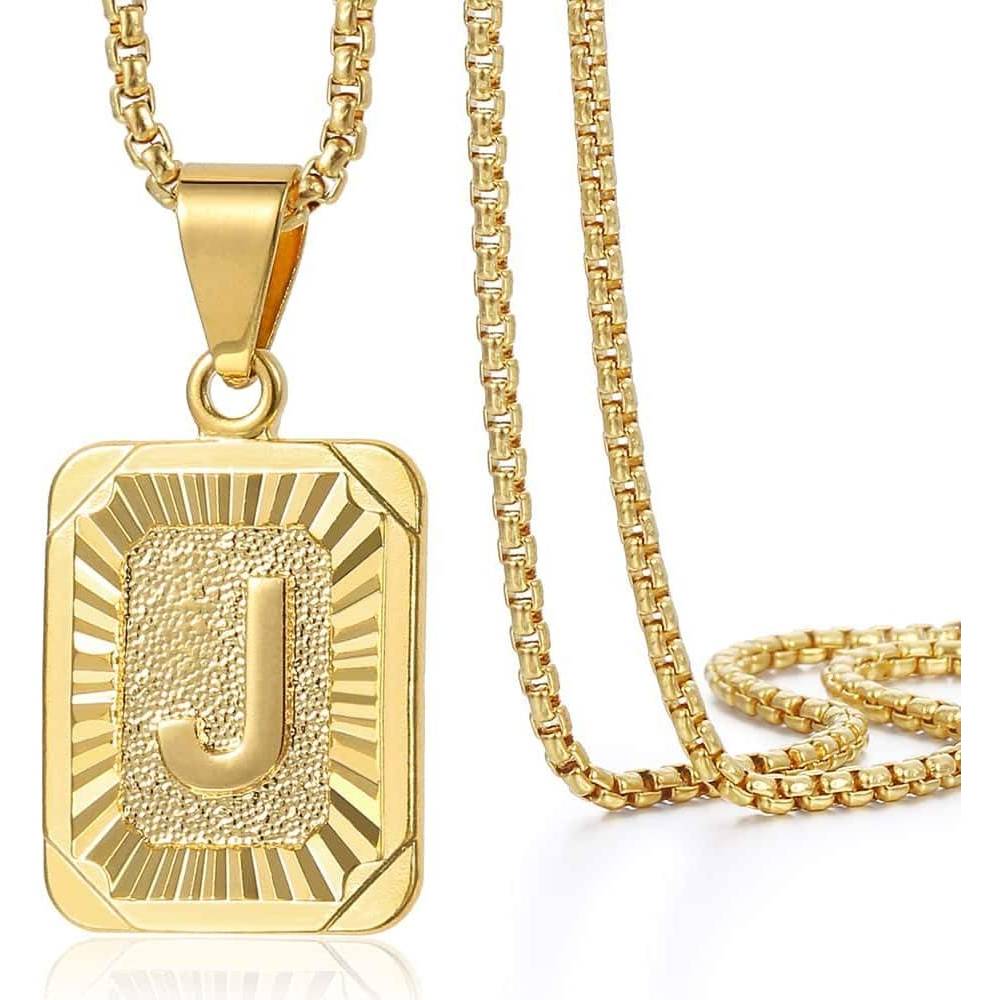 Trendsmax Initial A-Z Letter Pendant Necklace Mens Womens Capital Letter Yellow Gold Plated Stainless Steel Box Chain 22inch | Multiple Styles - J