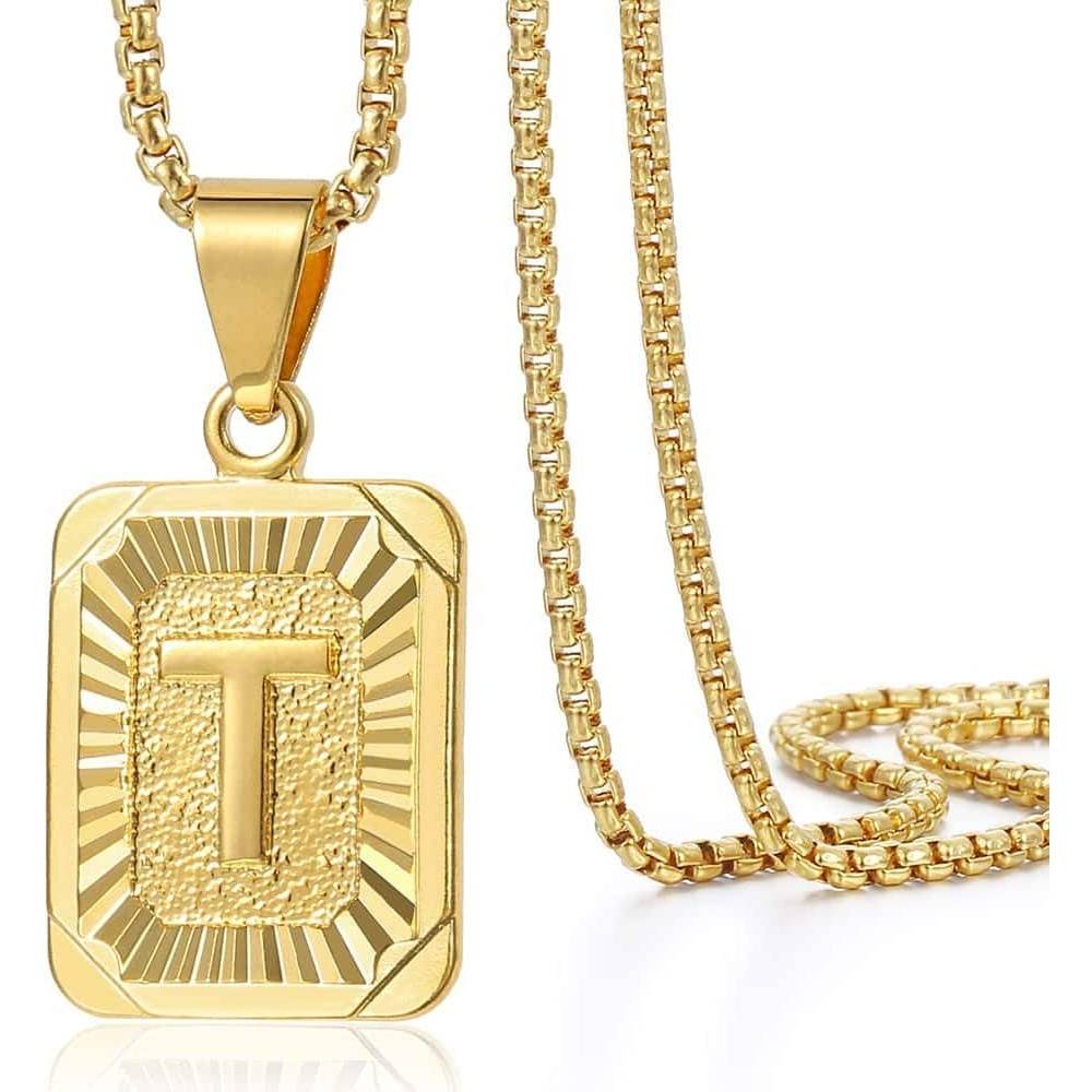 Trendsmax Initial A-Z Letter Pendant Necklace Mens Womens Capital Letter Yellow Gold Plated Stainless Steel Box Chain 22inch | Multiple Styles - T