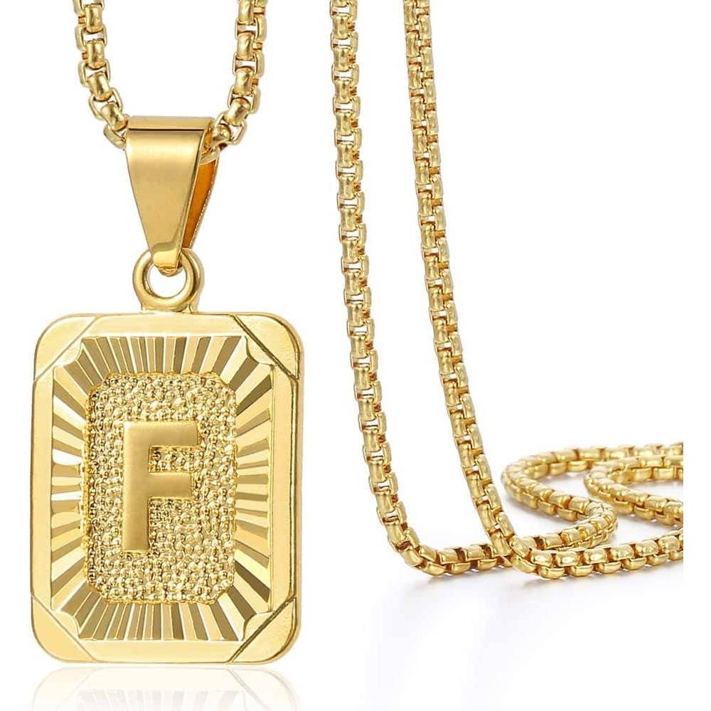 Trendsmax Initial A-Z Letter Pendant Necklace Mens Womens Capital Letter Yellow Gold Plated Stainless Steel Box Chain 22inch | Multiple Styles - F