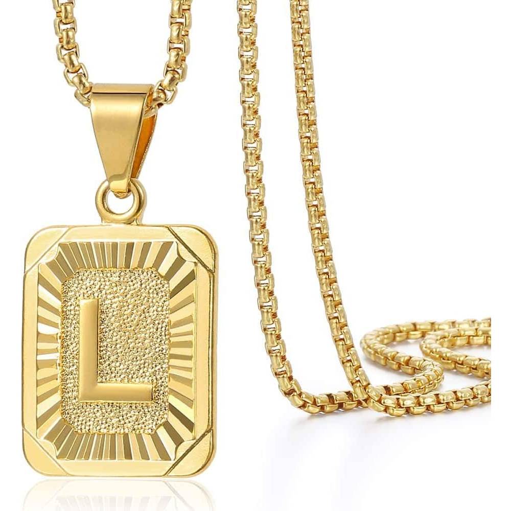 Trendsmax Initial A-Z Letter Pendant Necklace Mens Womens Capital Letter Yellow Gold Plated Stainless Steel Box Chain 22inch | Multiple Styles - L