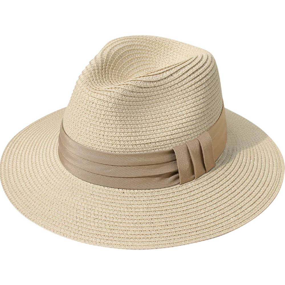 Lanzom Women Wide Brim Straw Panama Roll up Hat Belt Buckle Fedora Beach Sun Hat UPF50+ | Multiple Colors - KH