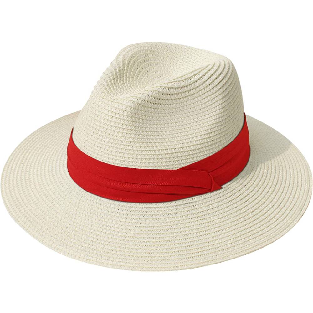 Lanzom Women Wide Brim Straw Panama Roll up Hat Belt Buckle Fedora Beach Sun Hat UPF50+ | Multiple Colors - ZRBB