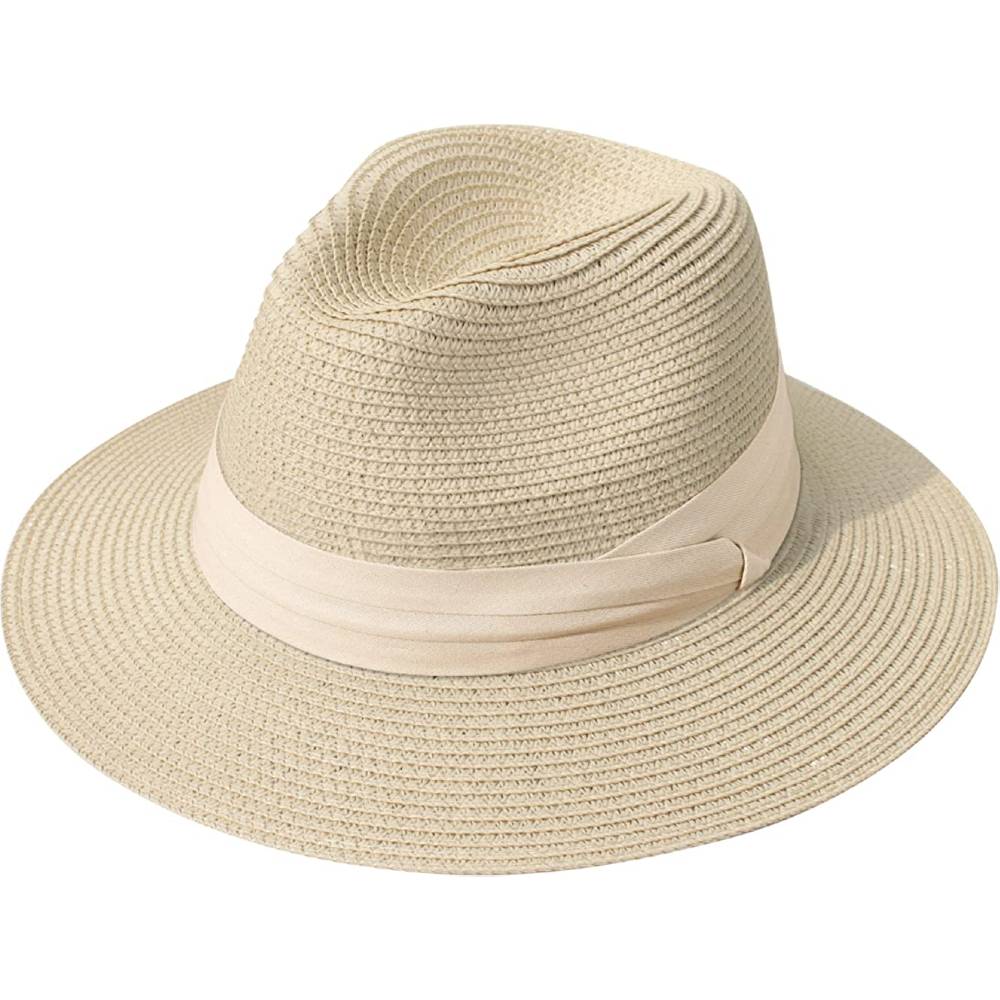 Lanzom Women Wide Brim Straw Panama Roll up Hat Belt Buckle Fedora Beach Sun Hat UPF50+ | Multiple Colors - ZBRKH