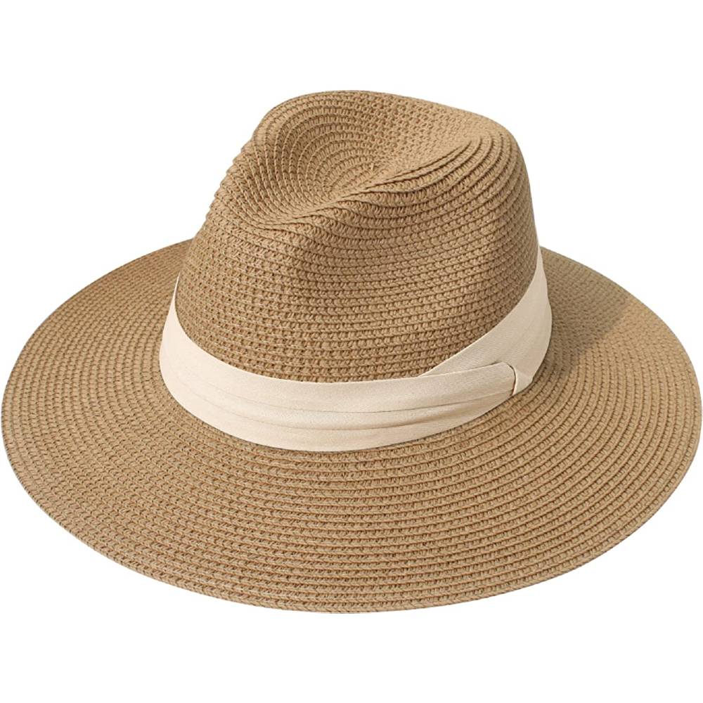 Lanzom Women Wide Brim Straw Panama Roll up Hat Belt Buckle Fedora Beach Sun Hat UPF50+ | Multiple Colors - ZBRB