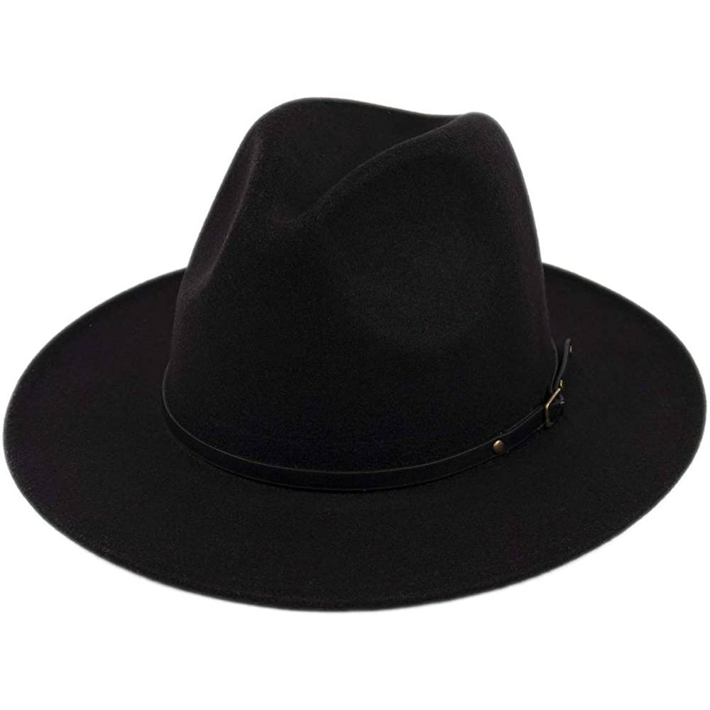 Lanzom Womens Classic Wide Brim Floppy Panama Hat Belt Buckle Wool Fedora Hat | Multiple Colors - AC