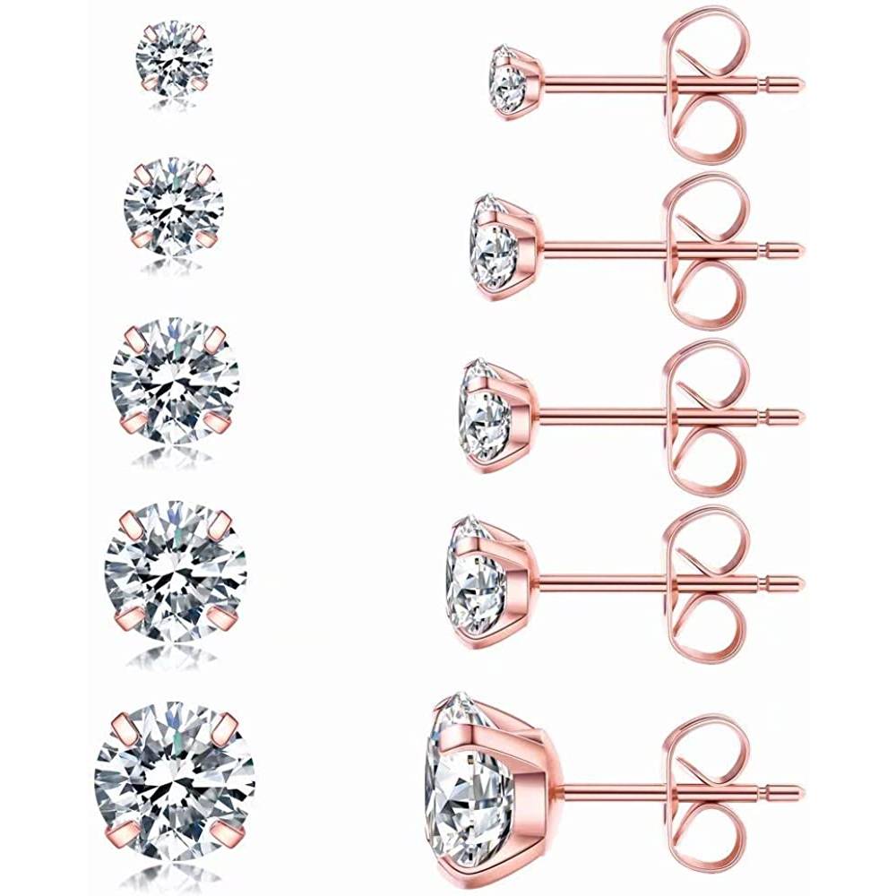 5 Pairs Stud Earrings Set, Hypoallergenic Cubic Zirconia 316L Earrings Stainless Steel CZ Earrings 3-8mm, Rose Gold | Multiple Colors and Sizes - RG